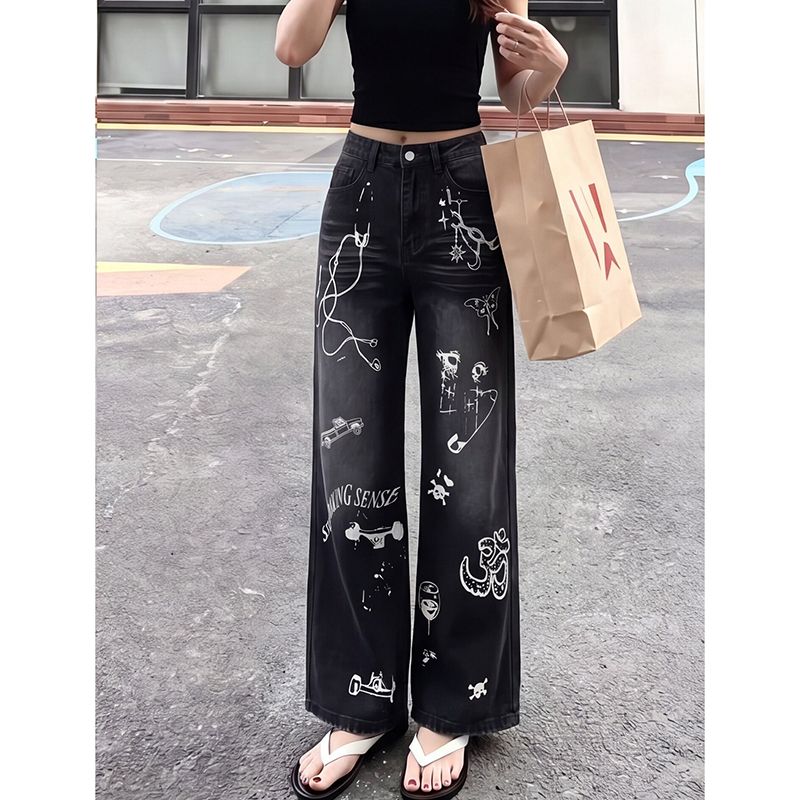 거리 트렌드 출퇴근 낙서 프린트 청바지 여성 봄 가을 새로운 개성 루즈핏 패션 스트레이트 청바지