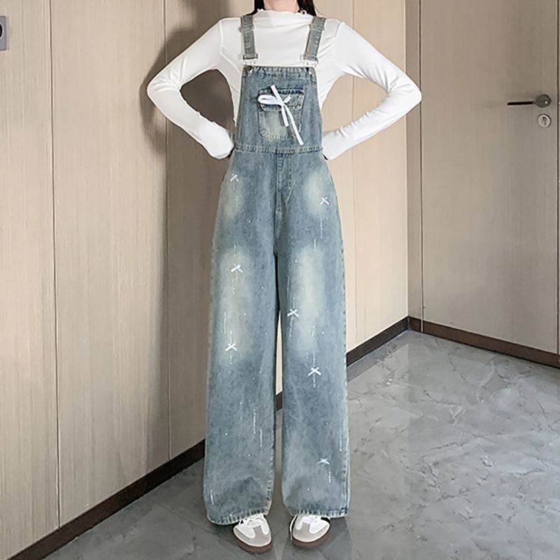 아메리칸 레트로 출퇴근 데님 멜빵 바지 여성 루즈핏 나비 매듭 핫픽스 봄 여름 새로운 연령 감소 스트레이트 팬츠 트렌디