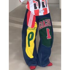 批发美式复古字母印花阔腿牛仔<b class='q'>裤</b>女夏季<b class='q'>新款</b>街头嘻哈宽松阔腿弯刀<b class='q'>裤</b>子