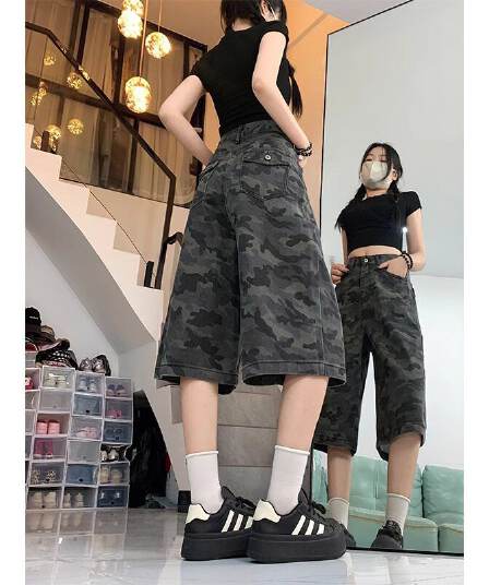 개성 거리 카모플라주 넓은 다리 데님 7부 바지 봄 여름 새로운 출퇴근 워크웨어 스트레이트 데님 7부 바지 트렌디