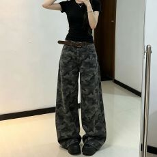 批发嘻哈街头迷彩工<b class='q'>装</b>阔腿牛仔<b class='q'>裤</b>女春秋季新款垂感时尚拖地牛仔<b class='q'>裤</b>潮