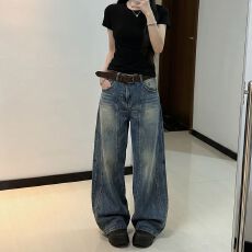 批发潮流百搭小众阔腿牛仔<b class='q'>裤</b>女春秋款新款显瘦高腰时尚<b class='q'>宽松</b>拖地牛仔<b class='q'>裤</b>
