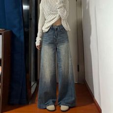 批发美式复古做旧直筒牛仔裤女<b class='q'>春</b>夏新款宽松显瘦高腰拖地阔腿长裤