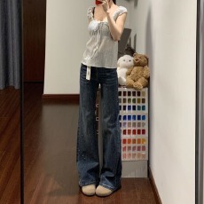 批发小个子美式复古满天星<b class='q'>烫钻</b>微喇<b class='q'>牛仔裤</b>新款修身显瘦高腰喇叭裤