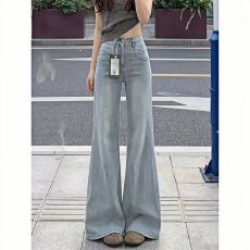 批发辣妹褶皱高腰不贴腿<b class='q'>牛仔</b>微喇裤女夏季复古水洗做旧宽松垂感阔腿裤
