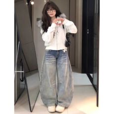 批发美式水洗口袋复古阔腿<b class='q'>牛仔</b>裤女弯刀刺绣宽松辣妹显瘦阔腿拖地长裤