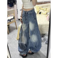批发韩系浅蓝色宽松阔腿<b class='q'>牛仔</b>裤女小个子低腰显瘦垂感百搭直筒拖地长裤