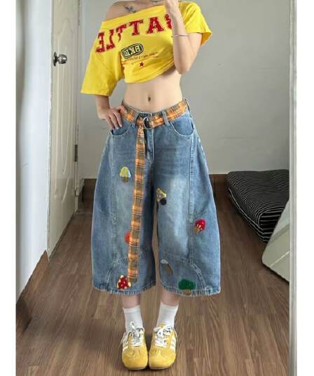 아메리칸 레트로 자수 7 점 청바지 바지 여자 2026 여름 새로운 루즈핏 슬림해 보이는 넓은 다리 중 반바지
