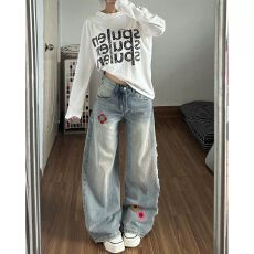 美式辣妹小众时尚阔腿牛仔裤子女复古设计感立体花卉刺绣拖地裤潮