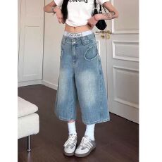 批发美式复古竹节纹水洗做旧牛仔七分裤男<b class='q'>女</b>街头宽松休闲小众设计短裤
