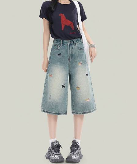 강아지 자수 높음 거리 다용도 7 점 청바지 여성 봄 여름 새로운 패션 루즈핏 데님 7부 바지 트렌디