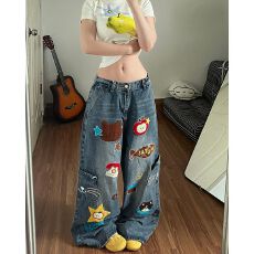 批发小众嘻哈街头个性阔腿<b class='q'>牛仔裤</b><b class='q'>女</b>春秋季新款高腰时尚休闲<b class='q'>直筒</b><b class='q'>牛仔裤</b>