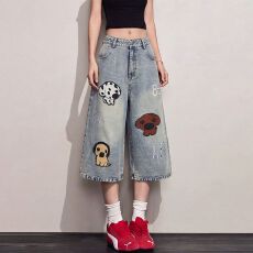 批发卡通小狗刺绣七分<b class='q'>牛仔裤</b><b class='q'>女</b>春夏季新款宽松时尚个潮流性<b class='q'>直筒</b>七分裤