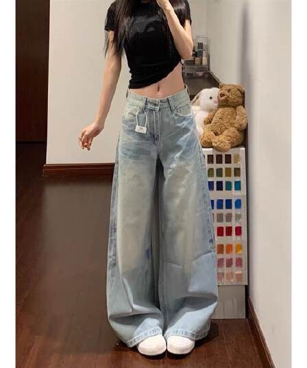 아메리칸 레트로 주머니 청바지 여성 2026 새로운 하이웨이스트 루즈핏 슬림해 보이는 넓은 다리 바닥 청소 바지