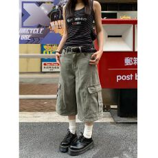批发美式复古多口袋七分裤男女夏季宽松休闲阔腿工装裤牛仔裤短裤潮