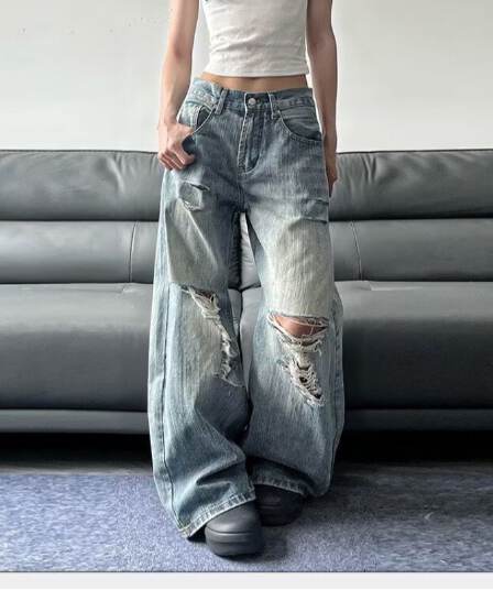 아메리칸 높음 거리 찢어진 부분 디자인 센스 워싱 청바지 여성 여름 루즈핏 핫걸 하이웨이스트 넓은 다리 스트레이트 롱 바지