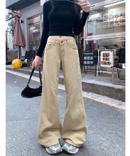 카키 색 레트로 부츠컷 아니요 막대기 청바지 새로운 가을 루즈핏 슬림해 보이는 아메리칸 로우 웨이스트 바닥 청소 호스 슈 긴 바지