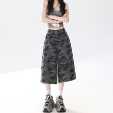 批发街头潮流迷彩阔腿牛仔七<b class='q'>分</b><b class='q'>裤</b>春夏季新款通勤遮肉工装牛仔七<b class='q'>分</b><b class='q'>裤</b>潮