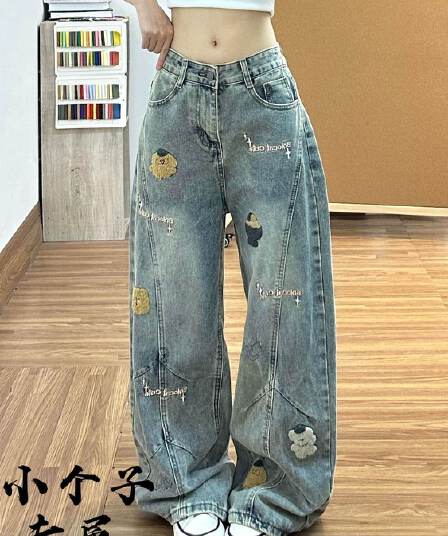 버섯 자수 모통이 칼 청바지 여성 가을 아메리칸 디자인 센스 작은 대중 해체 워싱 스트레이트 넓은 다리 길이 바지