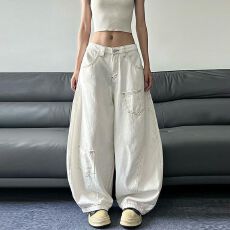 韩系原宿风高腰宽松阔腿牛仔裤女春秋新款美式个性ins阔腿牛仔裤