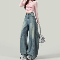 学院风阔腿牛仔裤女春秋款新款高腰宽松显瘦时尚拖地牛仔裤潮