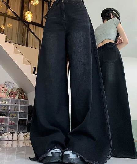 아메리칸 레트로 거친 가장자리 넓은 다리 청바지 여성 봄 여름 새로운 하이웨이스트 슬림해 보이는 바닥 청소 바지 ins