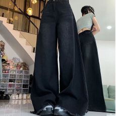 美式复古毛边阔腿牛仔裤女春夏季新款高腰显瘦拖地裤子ins