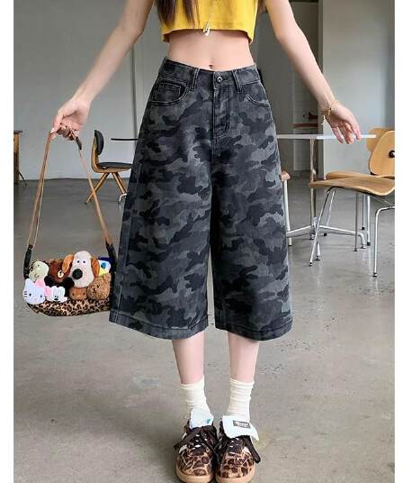 패션 카모플라주 데님 7부 바지 봄 여름 새로운 출퇴근 개성 다용도 루즈핏 워크웨어 데님 7부 바지
