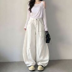 批发慵懒风嘻哈高腰宽松阔腿牛仔<b class='q'>裤</b>女春秋款美式个性设计感阔腿牛仔<b class='q'>裤</b>