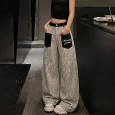 批发美式复古拼接豹纹弯刀牛仔<b class='q'>裤</b>女春秋款高街设计感宽松显瘦阔腿<b class='q'>裤</b>子