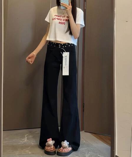 개성 디자인 센스 하라주쿠 스타일 부츠컷 청바지 여성 봄과 가을 트렌드 캐주얼 루즈핏 패션 바닥 청소 청바지