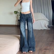 批发设计感街头微喇<b class='q'>牛仔裤</b><b class='q'>女</b>春秋季新款显瘦<b class='q'>个性</b>不贴腿拖地喇叭裤子