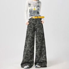 批发慵懒风迷彩工装阔腿<b class='q'>牛仔裤</b><b class='q'>女</b>春秋新款垂感<b class='q'>个性</b>街舞裤子拖地<b class='q'>牛仔裤</b>