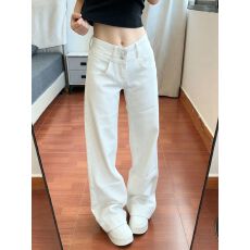 批发美式白色夏季双腰扣设计感低腰直筒牛仔<b class='q'>裤</b>女<b class='q'>新款</b>显瘦不贴腿微喇<b class='q'>裤</b>