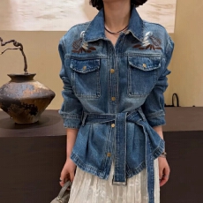 批发重工手工刺绣牛仔外套女2026春新款翻领系带收腰显瘦百搭夹克上衣