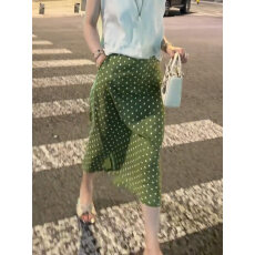 批发绿色<b class='q'>亚麻</b>波点半身裙女2026年夏季新款气质通勤高腰显瘦开叉中<b class='q'>长裙</b>