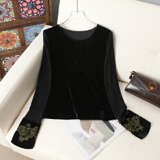 批发中式新款丝绒刺绣长袖国风秋季打底圆领<b class='q'>T</b><b class='q'>恤</b>上衣显瘦