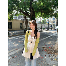 批发实拍实价  新款绿色显白短款小开衫女吊带上衣两件套