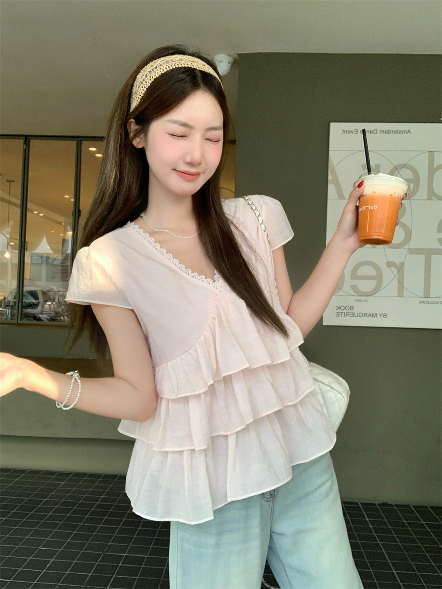 실사 정가 새로운 V넥 핑크색 디스플레이 화이트 연령 감소 프릴 맨위 여성