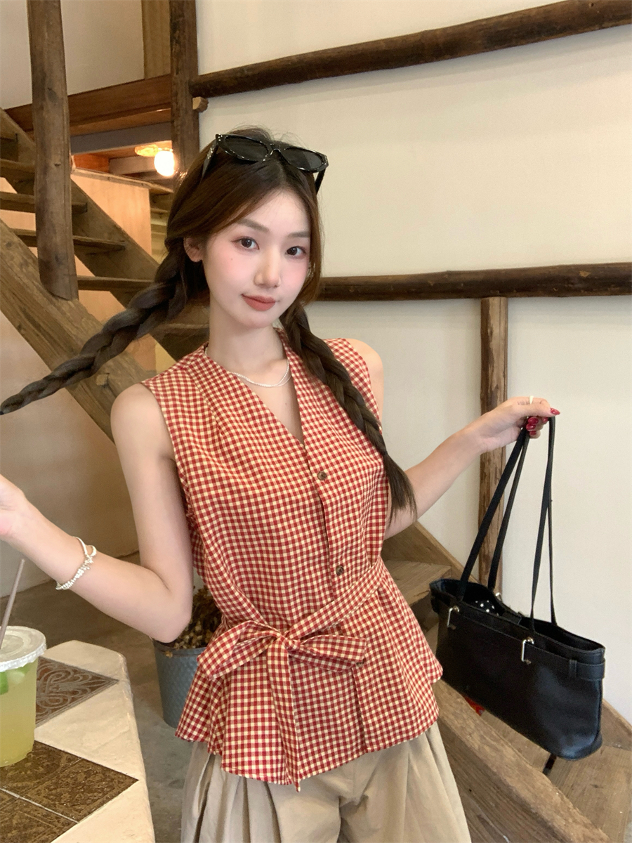 실사 정가 새로운 빨간색 체크무늬 V넥 조끼 맨위 레이스업 셔츠 여성