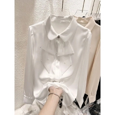 批发2025新款<b class='q'>韩国</b>气质显瘦翻领荷叶边钉珠拼接长袖衬衫女春季<b class='q'>雪纺上衣</b>