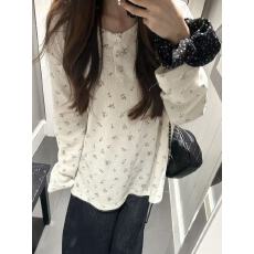 批发华夫格碎花韩系校园风长袖t恤女INS超火亨利领上衣<b class='q'>服</b>