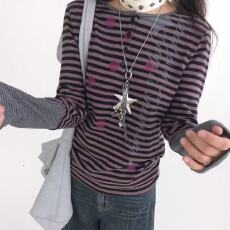 批发<b class='q'>日系</b>亚文化条纹印花圆领长袖t恤女秋季内搭拼接打底显瘦辣妹上衣