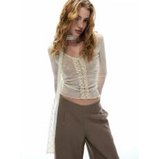 批发No3kou法式“洋气姐姐”奶杏双层蕾丝捏褶花边掐腰灵动飘带打底衫