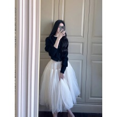 批发2025早春简约超大裙摆网纱蓬蓬半身裙假两件针织圆领开衫上衣套装