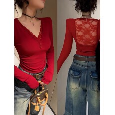 批发美式辣妹V领长袖<b class='q'>T</b><b class='q'>恤</b>女秋冬季<b class='q'>蕾丝</b>拼接显瘦百搭加绒打底纯欲上衣