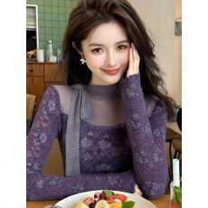 批发2025新款冬高级感洋气时尚独特巨好看网纱拼接系带紫色蕾丝上衣女