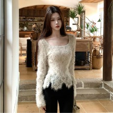 批发木子李的李柔织白烬设计感<b class='q'>长袖</b>方领内搭蕾丝加绒针织上衣