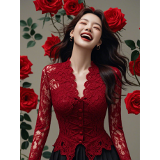 别致红色蕾丝上衣小衫修身内搭高级感洋气时髦法式长袖气质打底衫