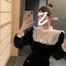 批发法式黑色蕾丝拼接丝绒衬衫气质百搭显瘦小衫长袖打底衫